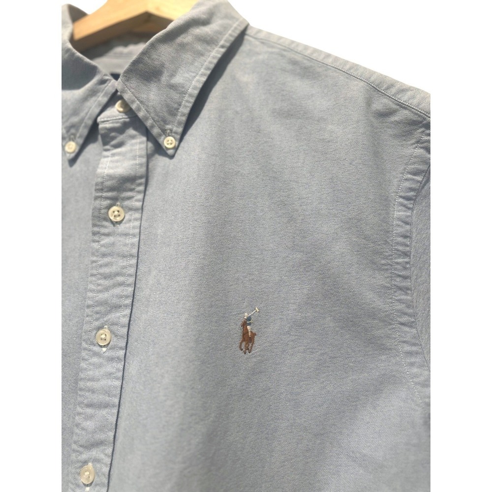 Ralph Lauren Button Down Shirt Blue Slim Fit Oxford Cotton Short Sleeve XL Pony